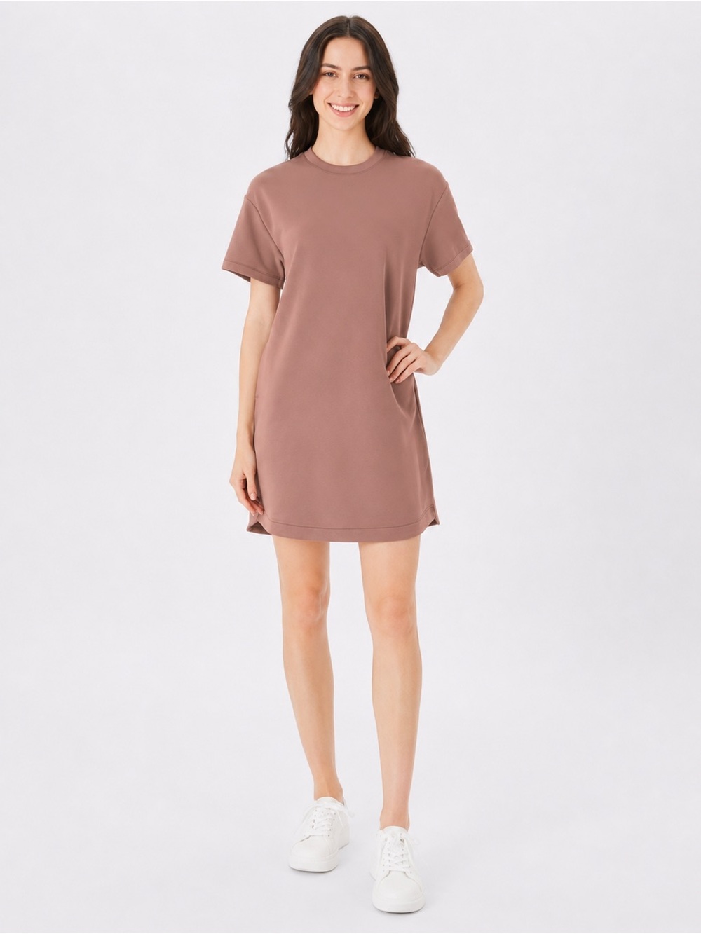 Relaxed Crewneck T-Shirt Dress in Mauve Brown